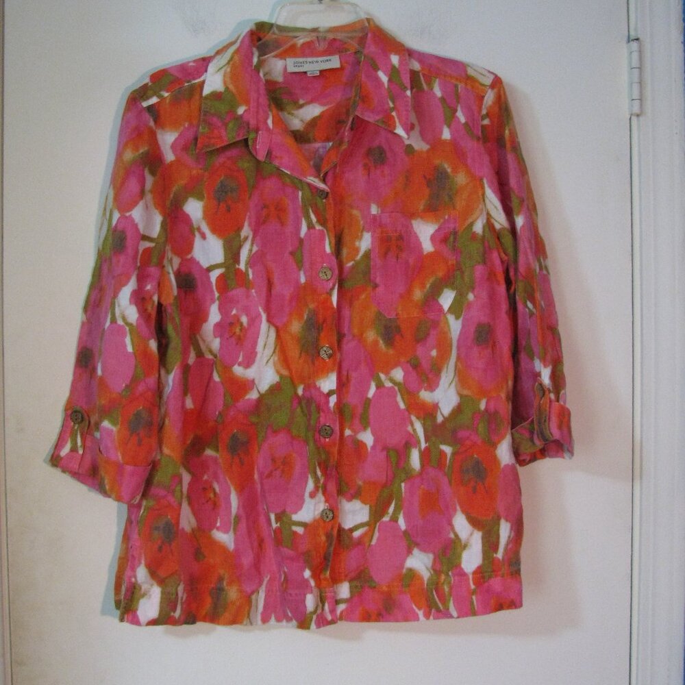 Jones NY Sport Button Up Top Large 100% Linen Pink Floral 3/4 Sleeve